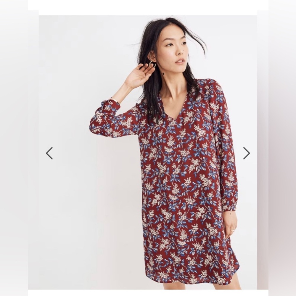 Madewell sz XS women’s red maroon print antique floral shift dress long sleeve